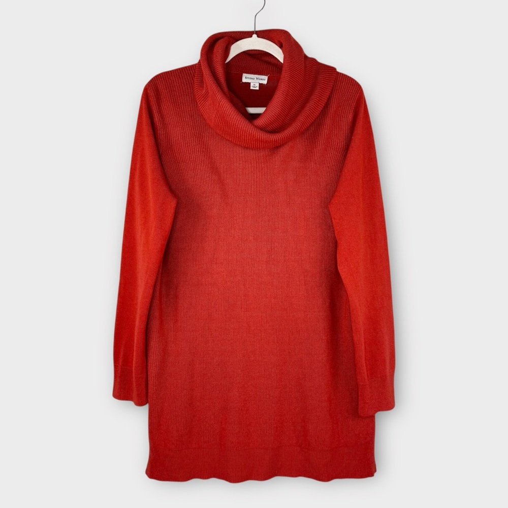 Studio Works Vibrant Burnt Orange Red Turtleneck Tunic Sweater XL Cowl Neck Chic